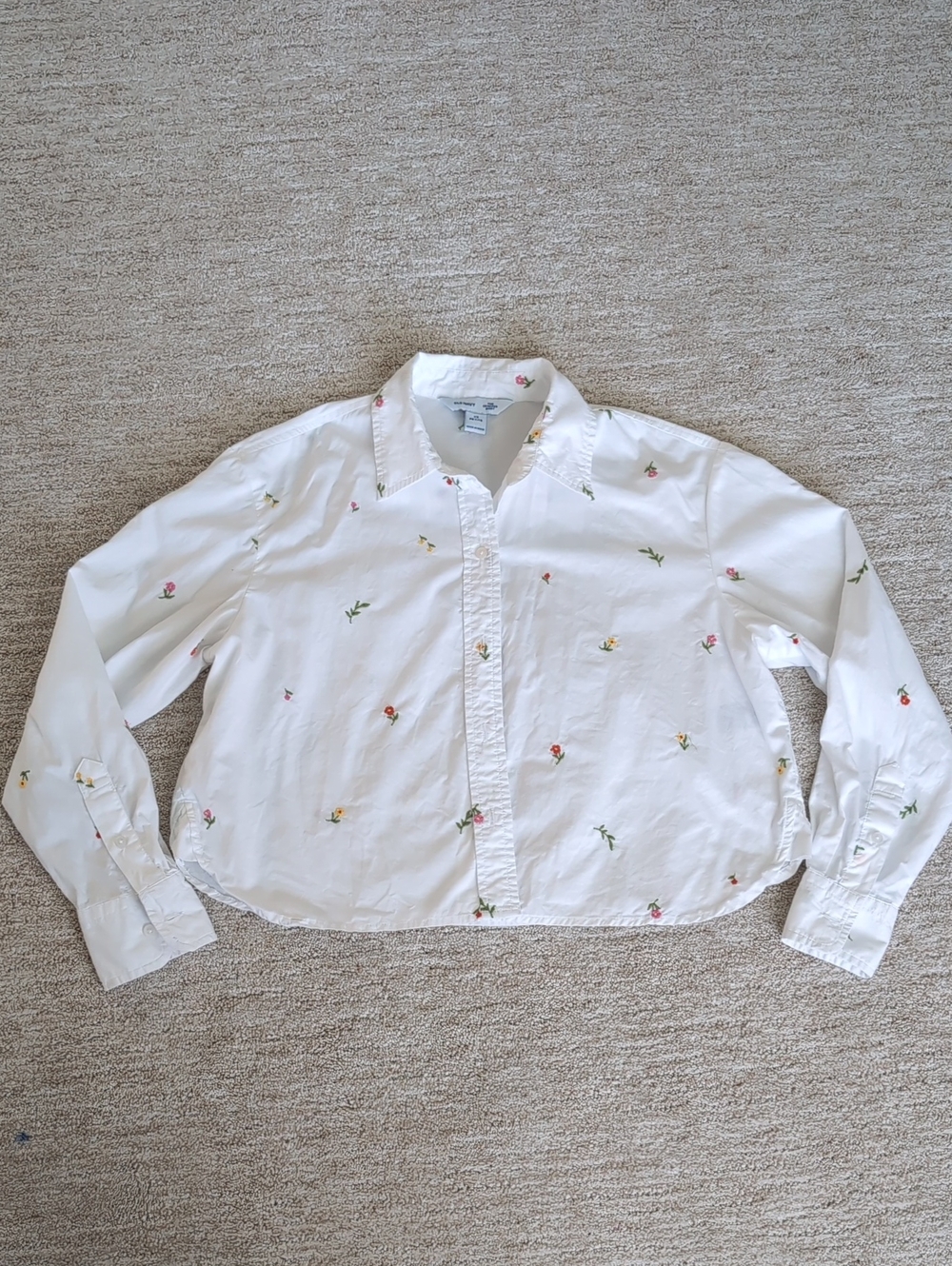 White Floral Embroidered Button-Down Shirt, Cropped.